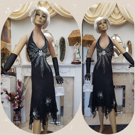 1920' Flapper Dress Art Deco Beaded Dress Black Si