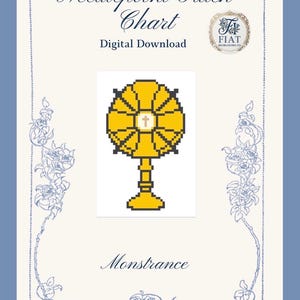Puede incluir: Descarga digital de un gráfico de punto de cruz. El diseño presenta una custodia amarilla con una cruz blanca en el centro. El texto dice "Needlepoint Stitch Chart" y "Digital Download". La imagen tiene un borde azul con detalles florales.