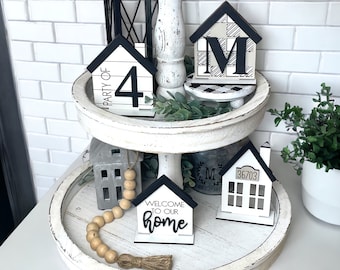 Standing Houses Tiered Tray Set, Family 3D Mini Houses, Laser Cut Customized House Signs, Monogram Tray Decor, Personalized Standing Houses