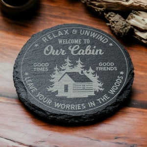 Laser Engraved Slate Cabin Coasters: Rustic Decor, Set of 2 or 4