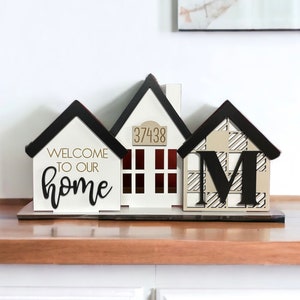 Standing Houses Tiered Tray Centerpiece, Personalized Address 3D Mini Houses, Laser Cut Customized House Signs, Home Sign, New Home Gift