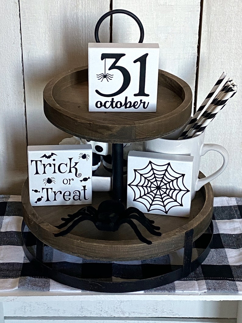 Halloween Tiered Tray Sign Set Hand Painted October 31 Wood Etsy