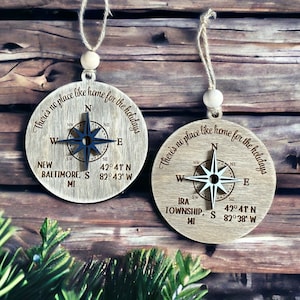 Compass Home Personalized Ornament, Laser Cut Wood Engraved, New Home Gift, Housewarming Gift, Latitude Longitude Ornament