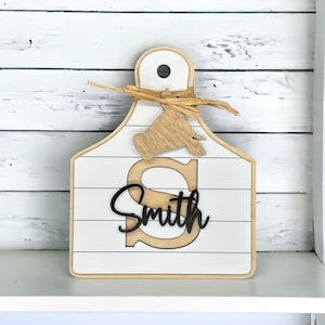Cow Tag Decor, Personalized Cow Ear Tag Farmhouse Sign, Custom Name Sign, Tiered Tray Sign, Personalized Gift, Farmhouse Kitchen Shelf Decor