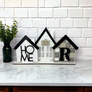 Standing Houses Tiered Tray Centerpiece, Personalized Home Address, Mini Customized Home Sign, New Home Gift, Realtor Gift, Entryway Decor