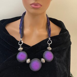Hand Made Polymer Clay Long Statement Necklace with Silk Cord and Crystal Beads