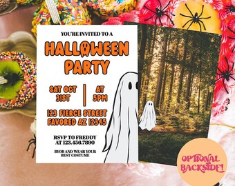 May include: Halloween party invitation with a ghost illustration. The invitation includes the date, time, address, and RSVP information. The background is a forest scene.