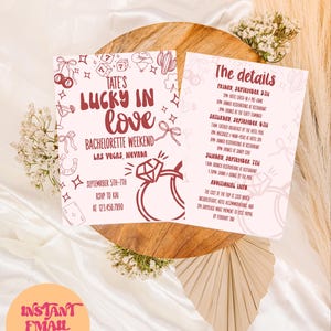 May include: A bachelorette weekend invitation with the text "Tate's Lucky in Love" in a maroon color. The invitation includes details for the weekend in Las Vegas, Nevada, with a ring graphic.