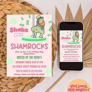 May include: A pink and green invitation for a St. Patrick's Day party. The invitation features a cartoon leprechaun shaking his shamrocks. The text reads "Shake your Shamrocks" and includes details about the party, including the date, time, location, and RSVP information.