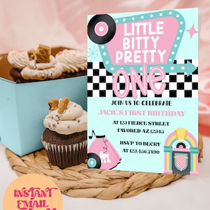 Little Bitty Pretty One First Birthday Invitation | Retro First Birthday Party Invite | 50&#39;s Inspired First Birthday Invite