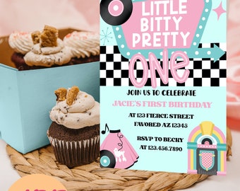 Little Bitty Pretty One First Birthday Invitation | Retro First Birthday Party Invite | 50's Inspired First Birthday Invite