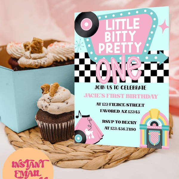 Little Bitty Pretty One First Birthday Invitation | Retro First Birthday Party Invite | 50's Inspired First Birthday Invite