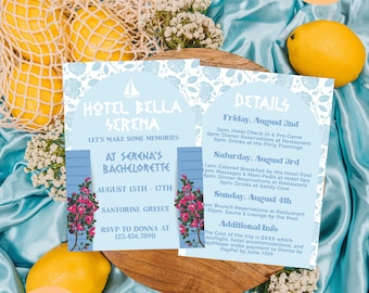 May include: A blue and white invitation for a bachelorette party in Santorini, Greece. The invitation features a sailboat, flowers, and the text "Hotel Bella Serena, Let's Make Some Memories, At Serena's Bachelorette, August 15th - 17th, Santorini, Greece, RSVP to Donna at 123.456.7890". The back of the invitation lists details for the trip, including dates, times, and locations for events.