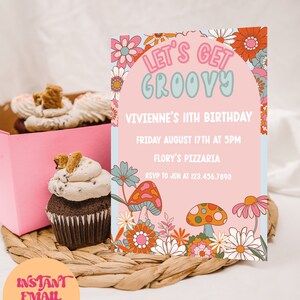 May include: A pink and blue birthday invitation with a groovy theme. The invitation features a psychedelic flower design and the text "Let's Get Groovy". It also includes the details of the birthday party, including the name of the birthday girl, the date, time, and location.