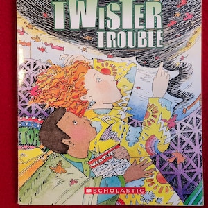 May include: A colorful book cover with the title "The Magic School Bus: Twister Trouble" and a picture of two children looking up at a swirling cloud.