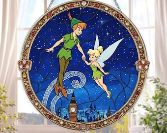 Peter Pan and Tinker Bell Acrylic Suncatcher, Flying Over London Big Ben Window Hanging, Tinkerbell Gift