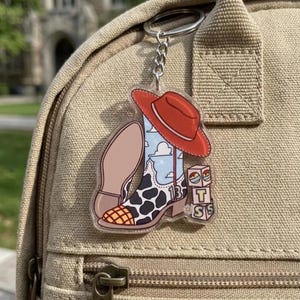 May include: A clear acrylic keychain featuring a cowboy boot with a cow print pattern, a blue sky with white clouds, and the number 13. A red cowboy hat rests on top of the boot, and a stack of three alphabet blocks with the letters T, S, and S sits nearby.