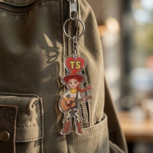 May include: A clear acrylic keyring featuring a cartoon cowgirl with red hair, a red hat, and a yellow neckerchief, playing an acoustic guitar. Above the character is a red heart shape with the yellow letters TS printed in the centre.