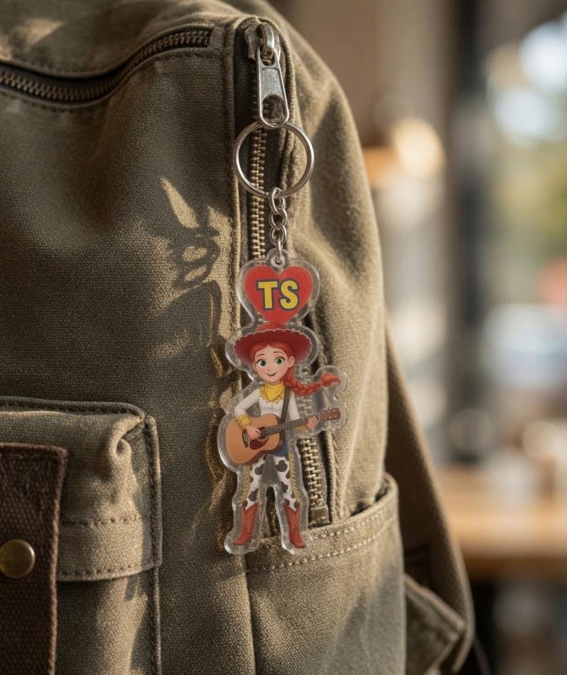 May include: A clear acrylic keyring featuring a cartoon cowgirl with red hair, a red hat, and a yellow neckerchief, playing an acoustic guitar. Above the character is a red heart shape with the yellow letters TS printed in the centre.