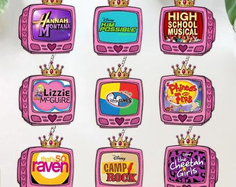 May include: Nine pink TV-shaped keychains with gold crowns. Each keychain features a different Disney show, including "Hannah Montana," "Kim Possible," "High School Musical," "Lizzie McGuire," "Disney Games," "Phineas and Ferb," "That's So Raven," "Camp Rock," and "The Cheetah Girls."