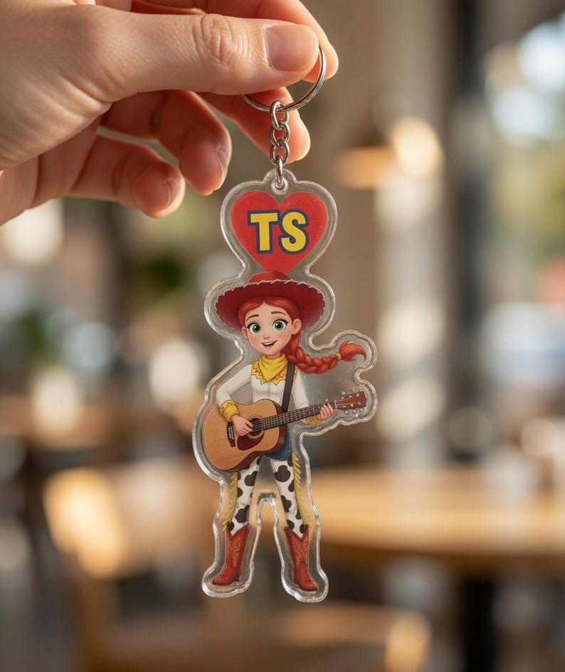 May include: A clear acrylic keyring featuring a cartoon character with red hair in a braid, wearing a red cowboy hat, yellow neckerchief, and cow-print chaps, playing an acoustic guitar. Above the character is a red heart with the yellow text TS.