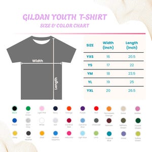 May include: A size and color chart for Gildan youth t-shirts. The chart shows the width and length measurements in inches for sizes YXS to YXL. Color options include black, royal, and white.