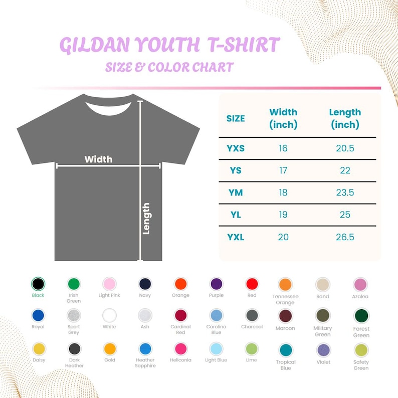 May include: A size and color chart for Gildan youth t-shirts. The chart shows the width and length measurements in inches for sizes YXS to YXL. Color options include black, royal, and white.