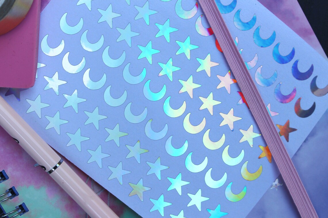 Holographic Star and Moon Stickers Pack 10mm Crescent Moon Etsy