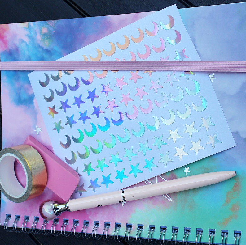Holographic Star and Moon Stickers Pack 10mm Crescent Moon Etsy