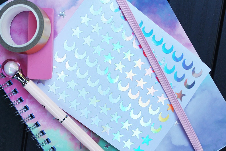 Holographic Star and Moon Stickers Pack 10mm Crescent Moon Etsy