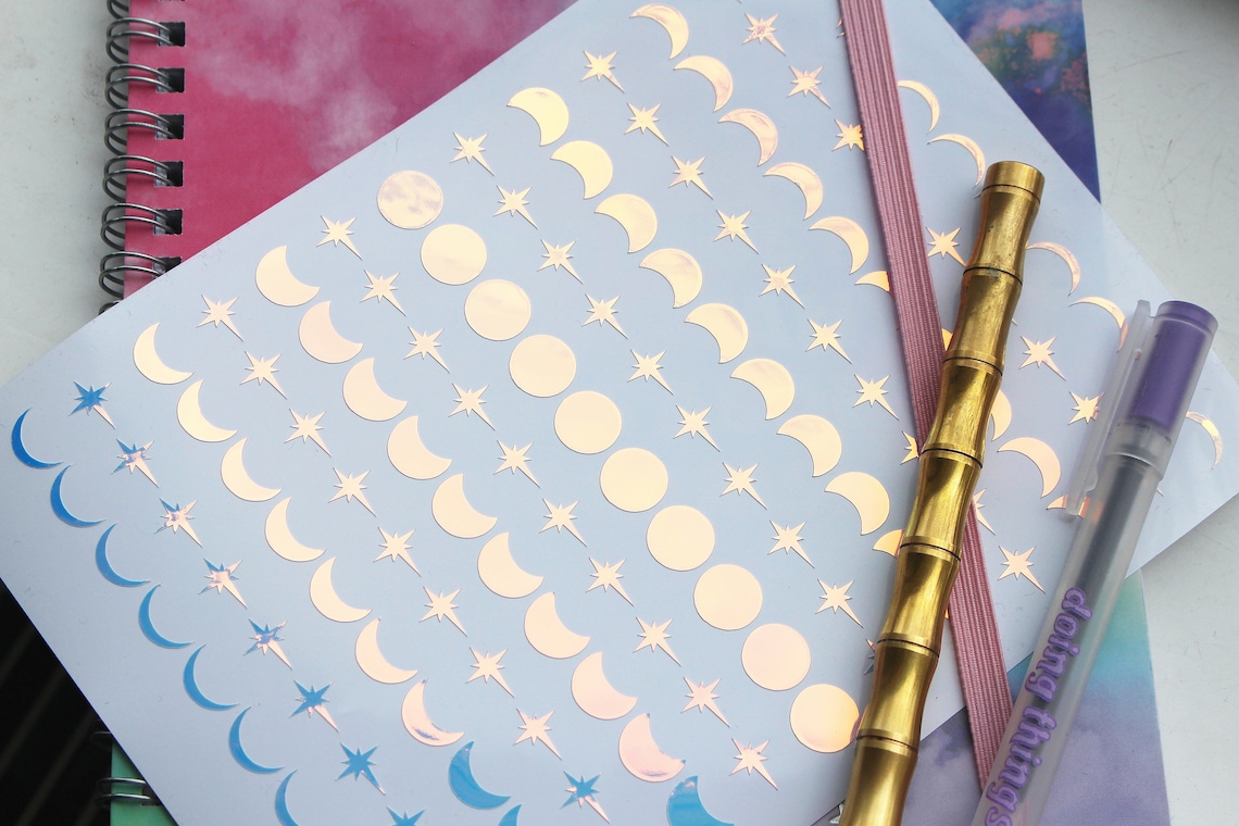 Iridescent Star and Moon Stickers Moon Phases Bujo Stickers Etsy