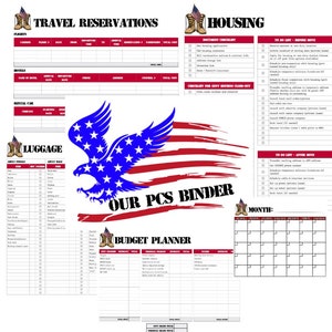 May include: A printable checklist and budget planner for military personnel preparing for a Permanent Change of Station (PCS) move. The checklist includes sections for housing, travel reservations, luggage, and a monthly calendar. The design features a red, white, and blue American flag with an eagle.