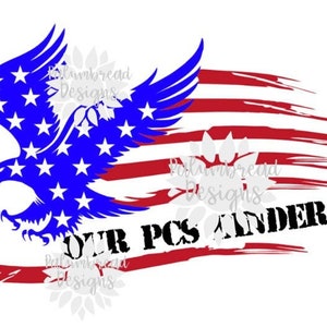 May include: Two blue eagles with white stars on their wings are flying over a red, white, and blue American flag. The flag is distressed and has a white background. The text "MY PCS BINDER" is on the left side of the image and "OUR PCS ANDER" is on the right side of the image.
