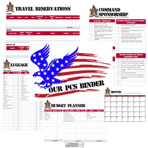 May include: A printable checklist and budget planner for military personnel preparing for a Permanent Change of Station (PCS) move. The checklist includes sections for travel reservations, hotels, rental cars, luggage, and command sponsorship. The budget planner includes sections for income, expenses, and savings. The design features a red, white, and blue American flag with an eagle.