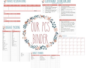 May include: A printable PDF binder with a floral design and the text "Our PCS Binder". The binder includes sections for travel reservations, luggage packing, command sponsorship, and a budget planner.