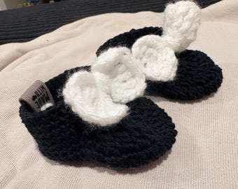 Handmade Crochet Baby Booties: Black with White Bows (Newborn to 12 Months)