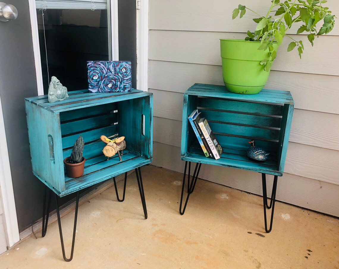 Rustic Crate End Table with Hairpin Legs Custom Options Etsy