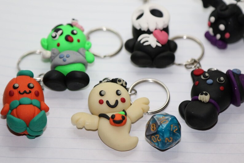 Glow in the Dark Ghost Bat Zombie Skeleton Halloween Polymer Clay Charms Keychain Cat Witch Pumpkin