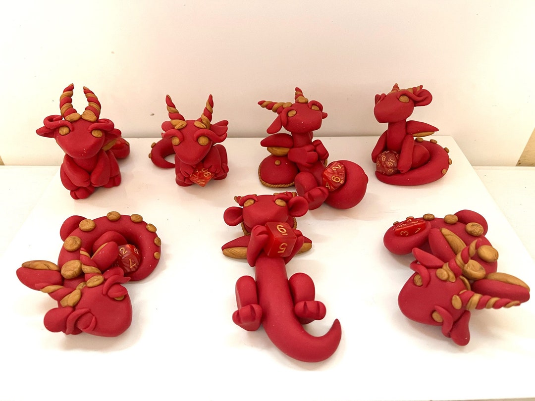Set of Seven D&D Dice Dragons Polymer Clay Red and Gold TTRPG Etsy