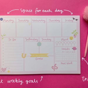 A4 Weekly Planner Desk Pad - Cute Pink Organizer With Habit Tracker - Etsy