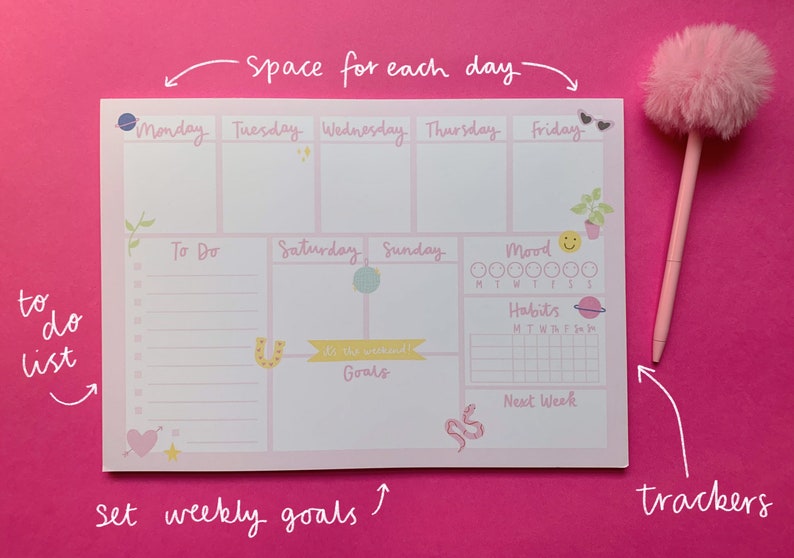 A4 Weekly Planner Desk Pad - Cute Pink Organizer With Habit Tracker - Etsy