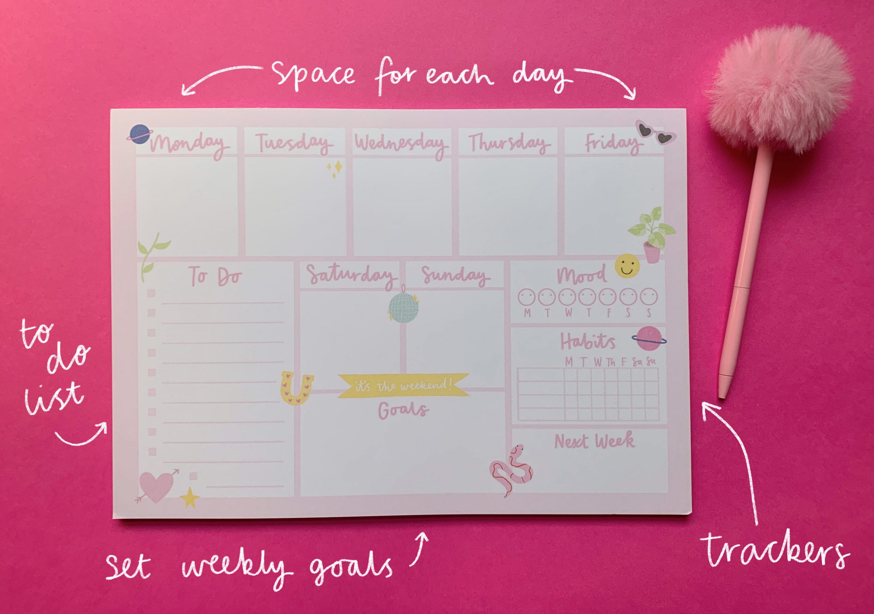 A4 Weekly Planner Desk Pad - Cute Pink Organizer With Habit Tracker - Etsy