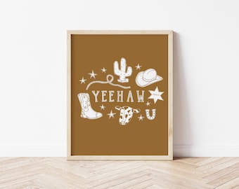 Yeehaw Print / Yeehah Cowboy Cowgirl Wall Art / Cowboy Boots / Illustrated Print UK / A4 A3 A5 / Gift / Western Cowboy Hat