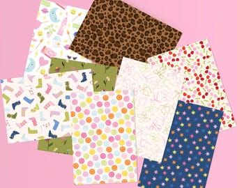Fun Crafting Papers / 8 Sheets of Patterned Craft Papers / Journal, Scrapbook, Junk Journal, Cardmaking, Ephemera