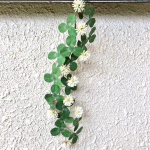 Op de afbeelding: Een slinger van witte klaverbloemen met groene bladeren die aan een draad hangt tegen een witte, getextureerde muur.