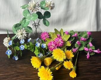 Flor silvestre de papel hecha a mano (selección de un solo tallo) | Flor artificial de papel | Trébol blanco | Diente de león | Trébol rojo | Flor artificial