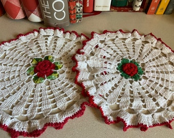 Vintage Hand Crocheted Rose Doilies, set of two