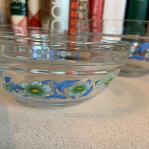 May include: Two clear glass bowls with a floral design. The bowls have a blue and green floral pattern with white flowers and green leaves.