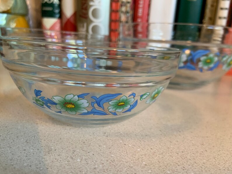 May include: Two clear glass bowls with a floral design. The bowls have a blue and green floral pattern with white flowers and green leaves.