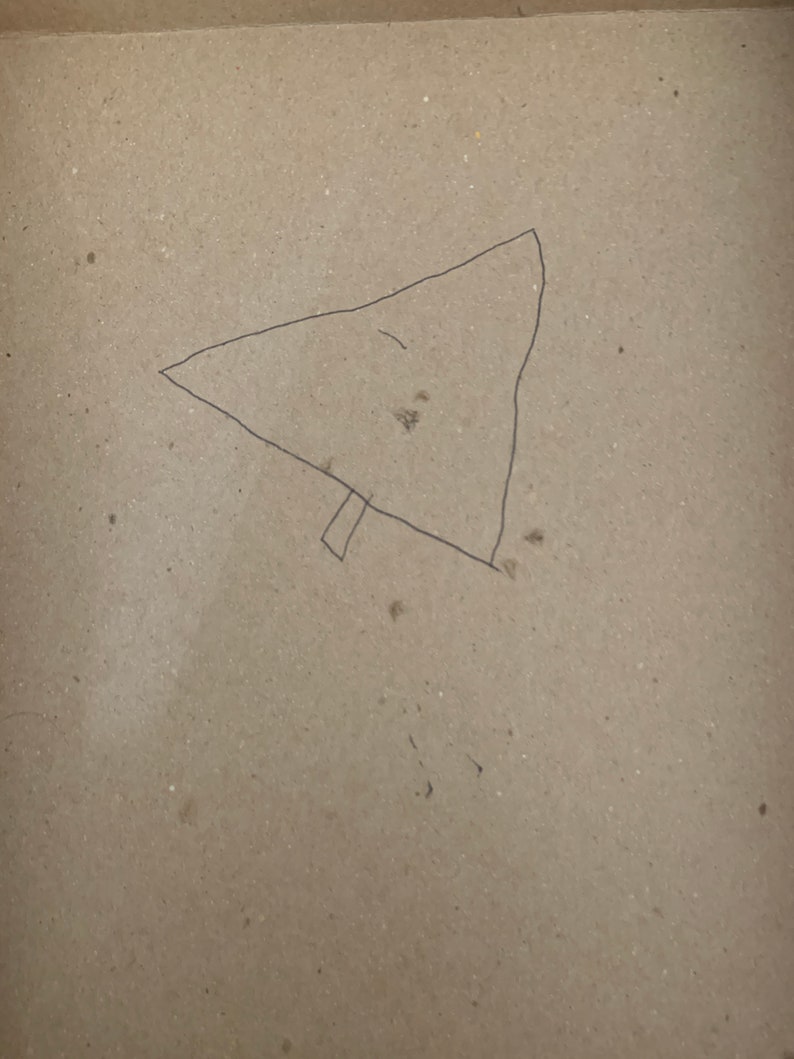 May include: A simple black line drawing of a triangle with a line extending from the bottom point, resembling a Christmas tree.